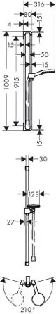 Brauseset von AXOR mit Handbrause, vertikal montiert, inklusive detaillierter Maße und Diagramm zur Bewegungsfreiheit. Design mit klaren Linien und Funktionalität.